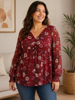 Aeropostale L Red Floral Blouse Ruched Tie Front Long Sleeve Boho Peasant Top